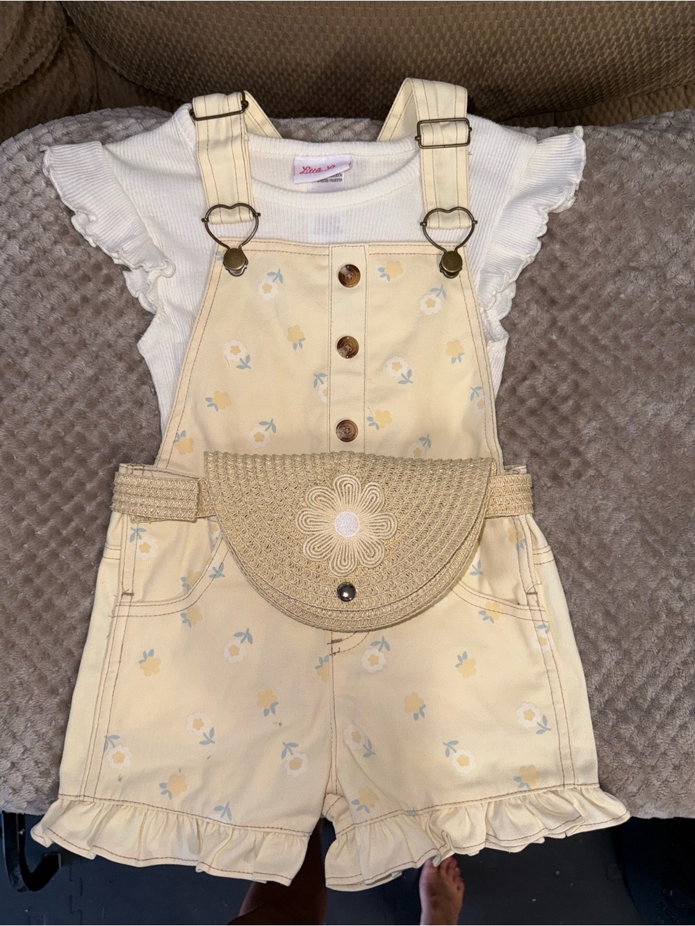 Little Lass Yellow Floral Shortall with Woven Daisy Belt Bag